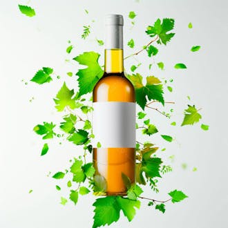 Garrafa de vinho com folhas ao redor e fundo branco 2