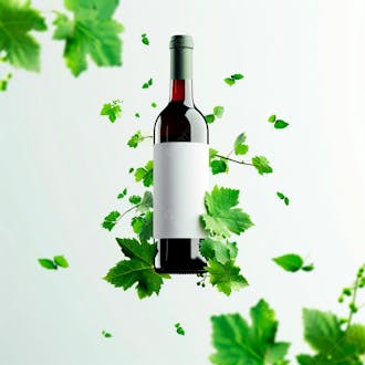 Garrafa de vinho com folhas ao redor e fundo branco 1