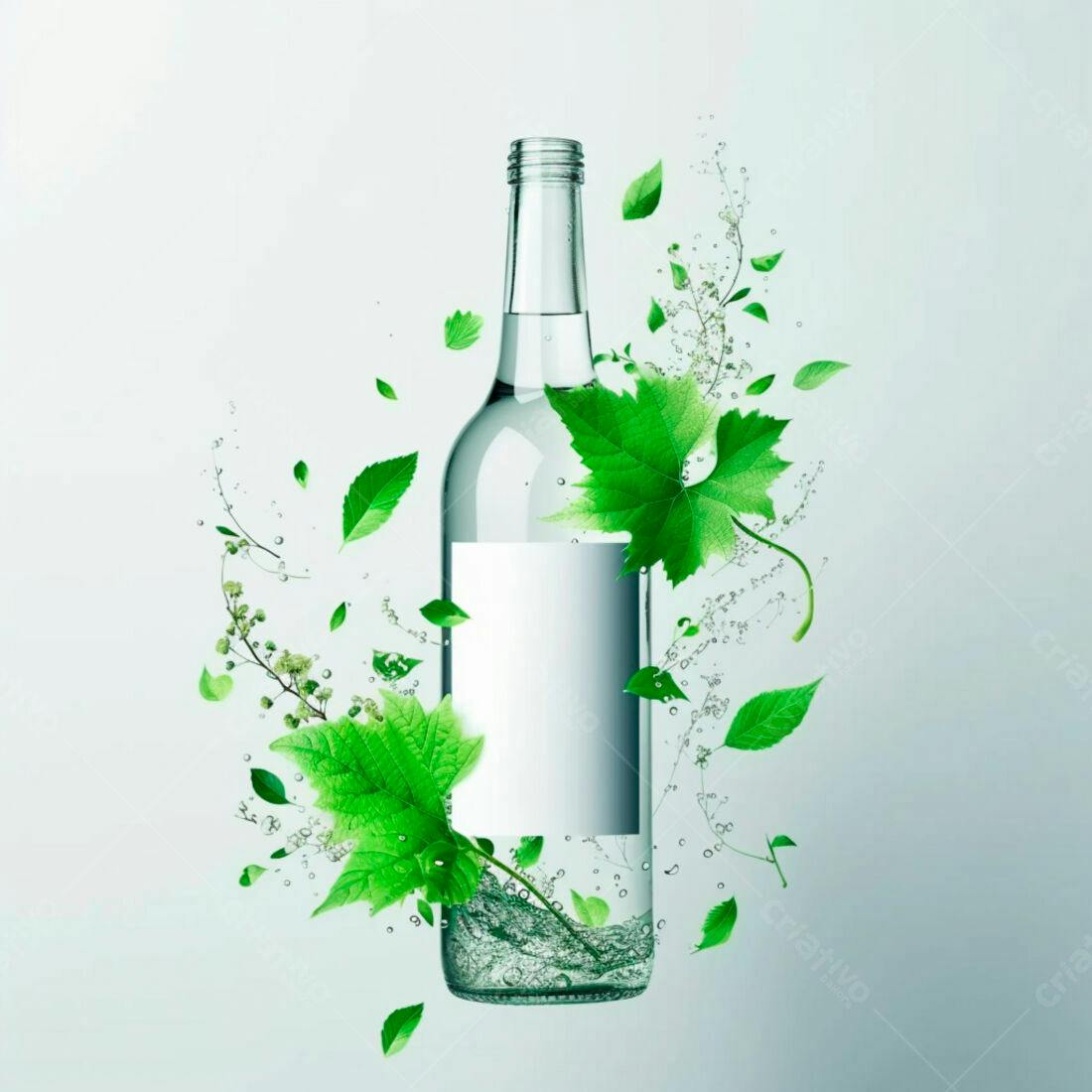 Garrafa de água com folhas verdes
