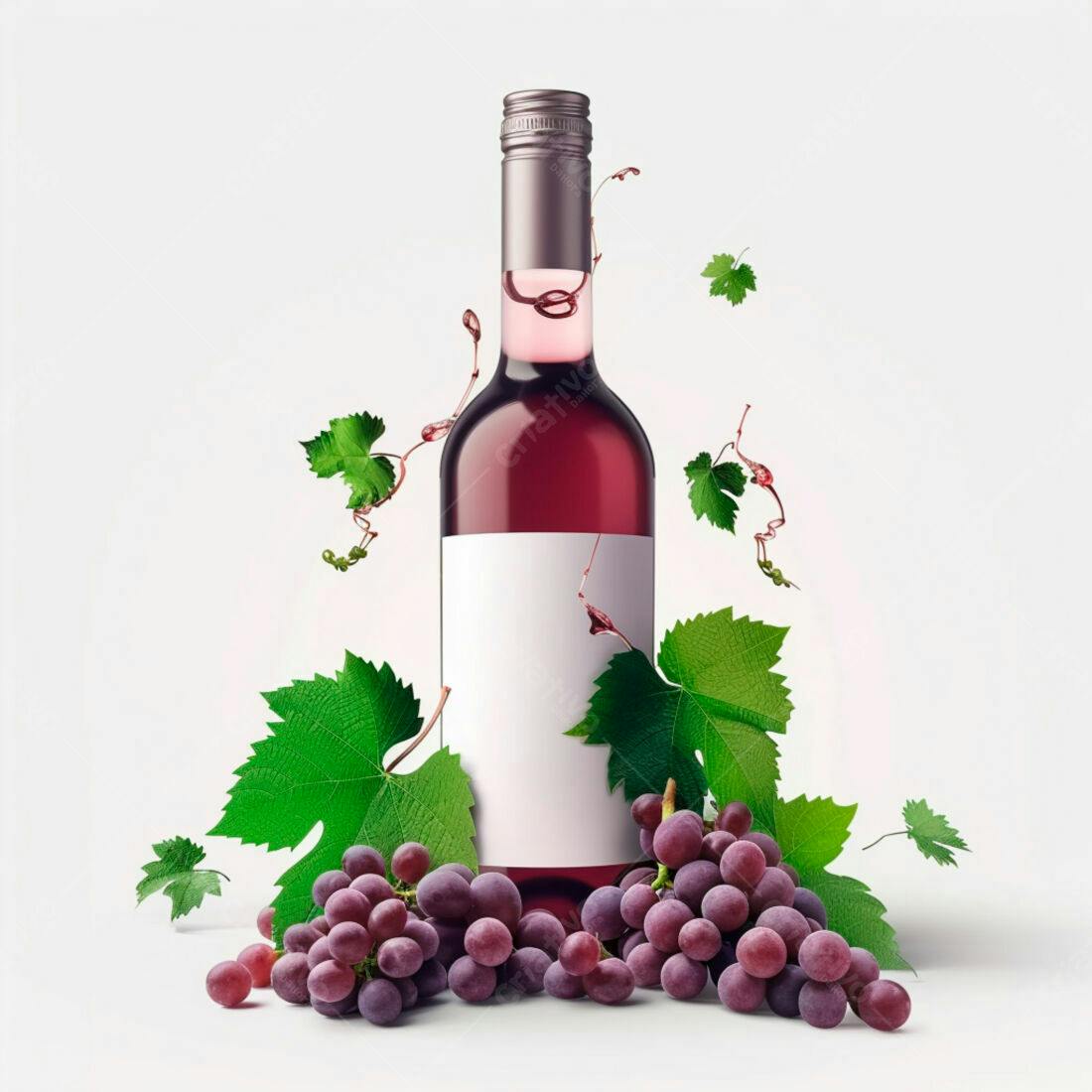 Garrafa de vinho tinto com uvas e folhas