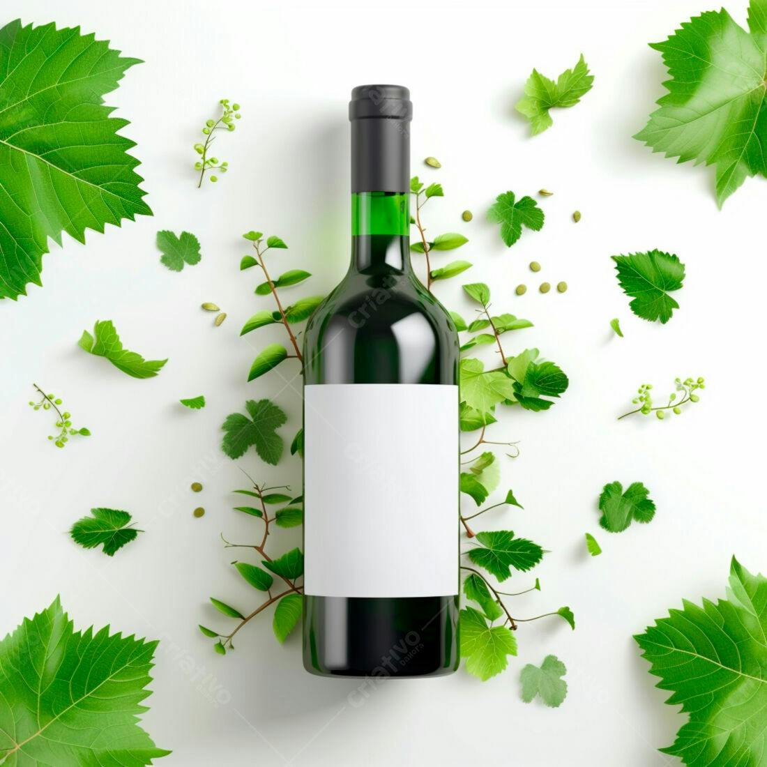 Garrafa de vinho com folhas verdes