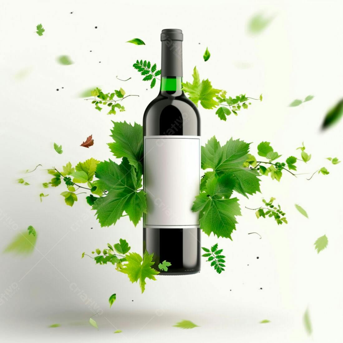 Garrafa de vinho tinto com folhas verdes