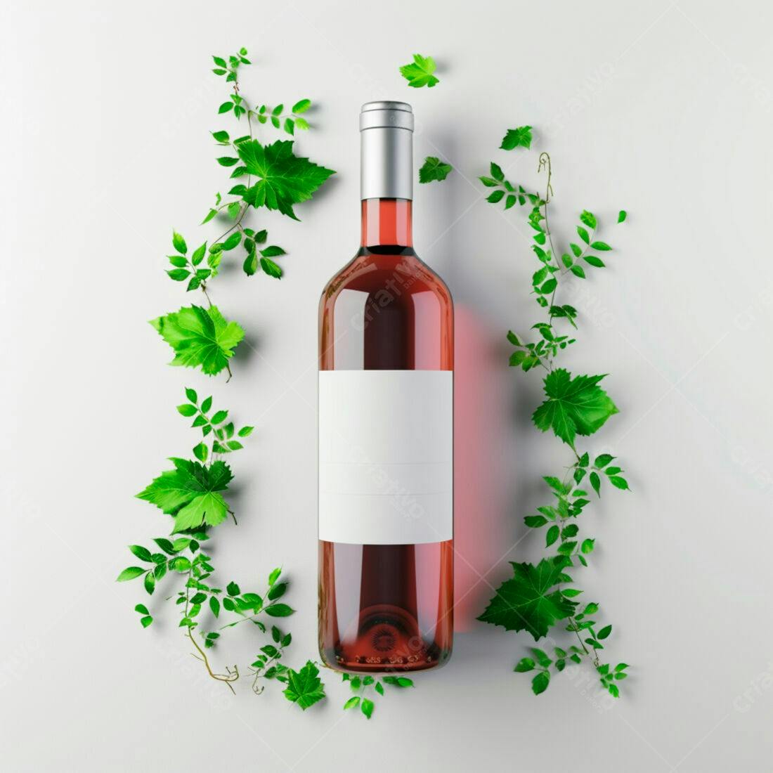 Garrafa de vinho rosé com folhas verdes