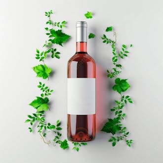 Garrafa de vinho com folhas ao redor e fundo branco 7