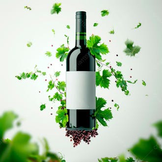 Garrafa de vinho com folhas ao redor e fundo branco 8