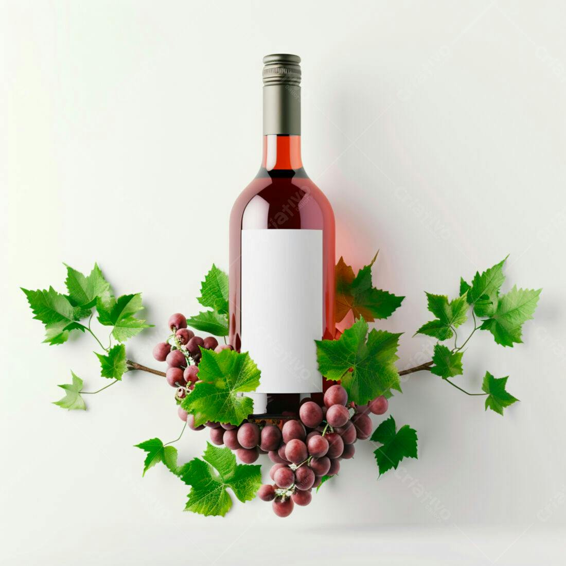 Garrafa de vinho rosé com uvas e folhas