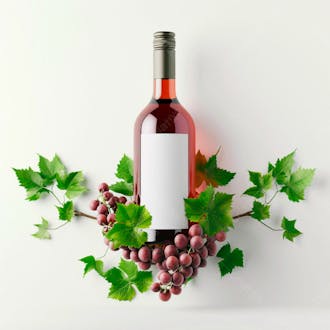 Garrafa de vinho com folhas ao redor e fundo branco 9