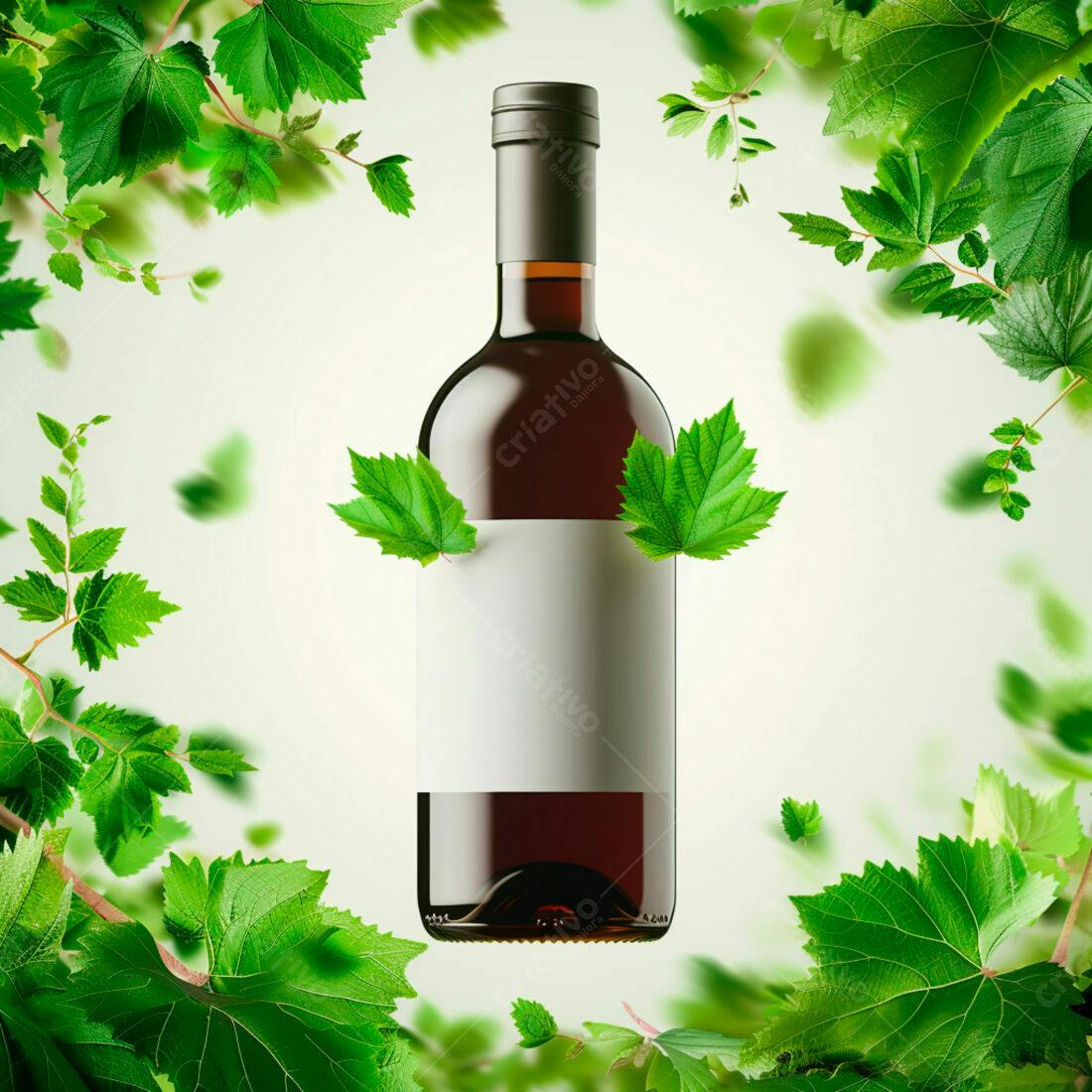 Garrafa de vinho tinto com folhas verdes