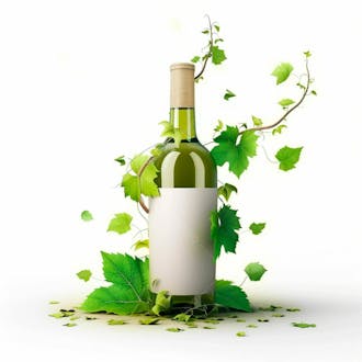 Garrafa de vinho com folhas ao redor e fundo branco 11