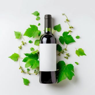 Garrafa de vinho com folhas ao redor e fundo branco 12