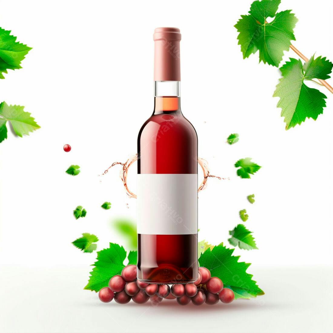 Garrafa de vinho rosé com uvas e folhas
