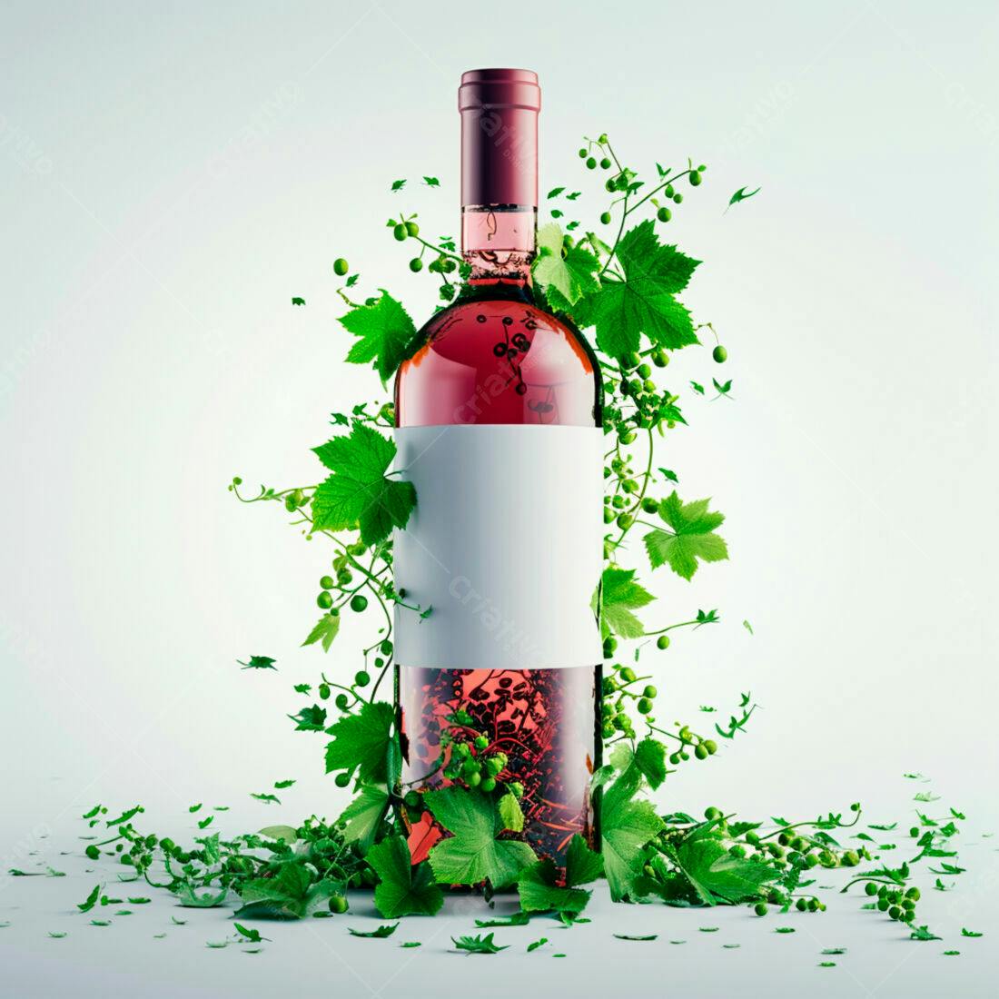 Garrafa de vinho rosé cercada por videiras