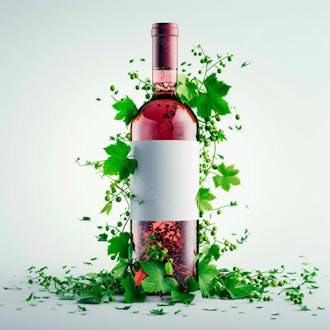 Garrafa de vinho com folhas ao redor e fundo branco 14