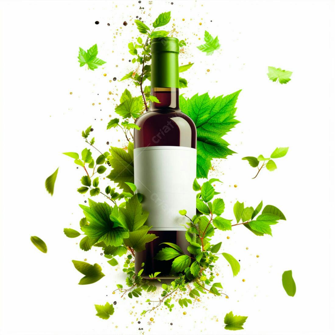 Garrafa vinho tinto folhas verdes fundo branco