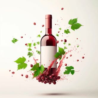 Garrafa de vinho com folhas ao redor e fundo branco 16