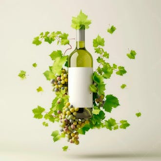 Garrafa de vinho com folhas ao redor e fundo branco 17