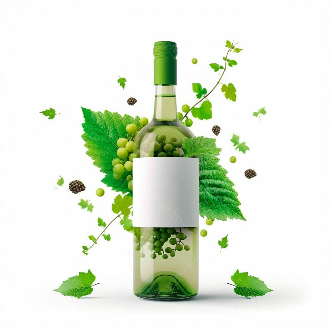 Garrafa de vinho branco com uvas e folhas