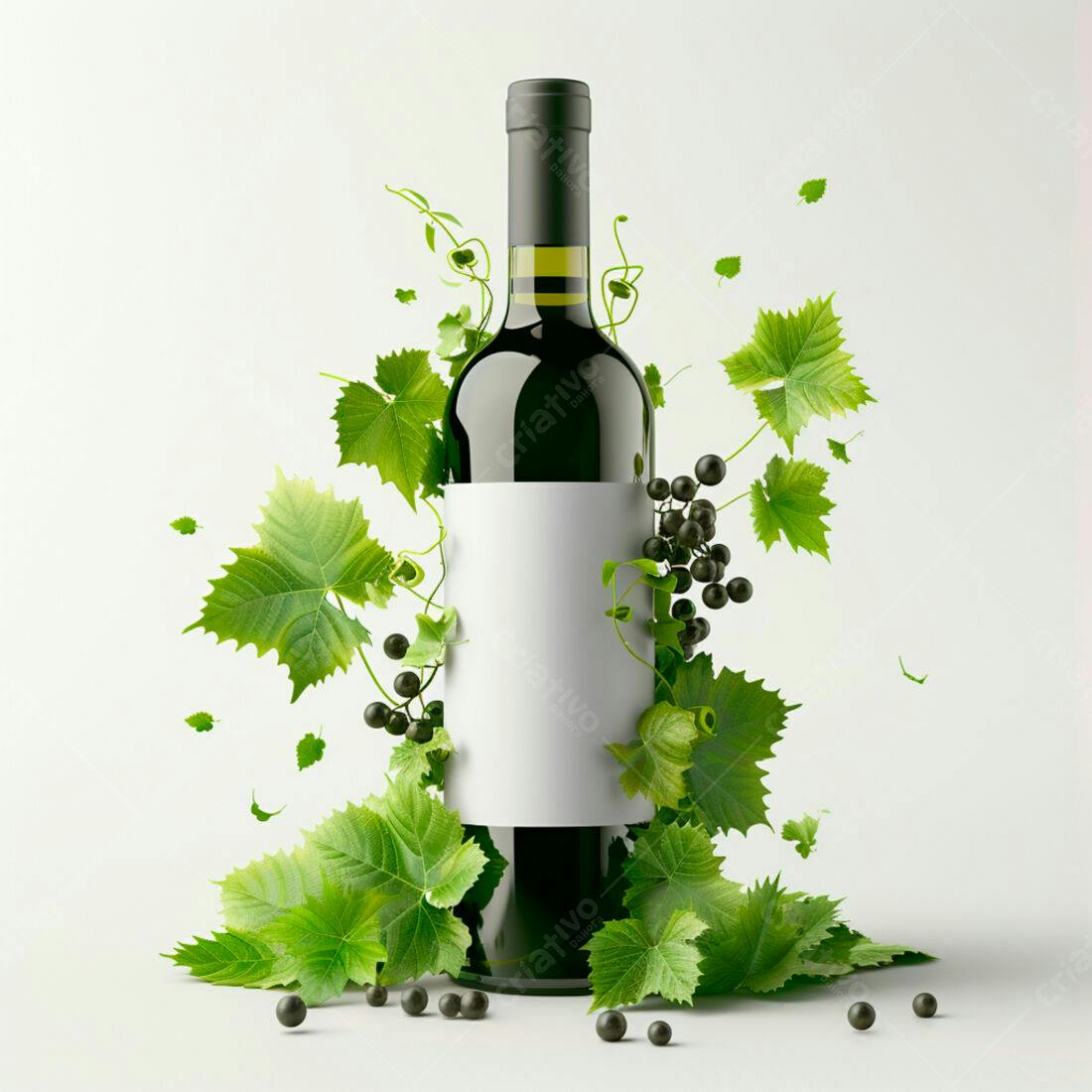 Garrafa de vinho com uvas e folhas verdes