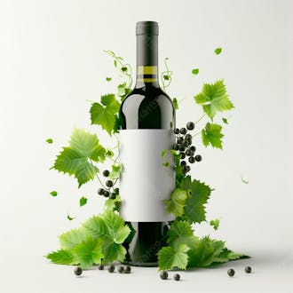Garrafa de vinho com folhas ao redor e fundo branco 19