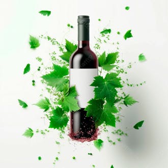 Garrafa de vinho com folhas ao redor e fundo branco 21