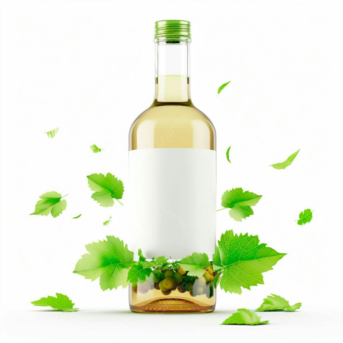 Garrafa de vinho branco com uvas e folhas