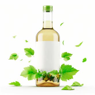 Garrafa de vinho com folhas ao redor e fundo branco 22