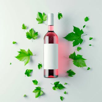 Garrafa de vinho com folhas ao redor e fundo branco 23