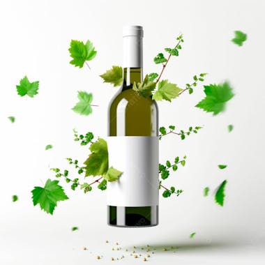 Garrafa de vinho com folhas ao redor e fundo branco 24