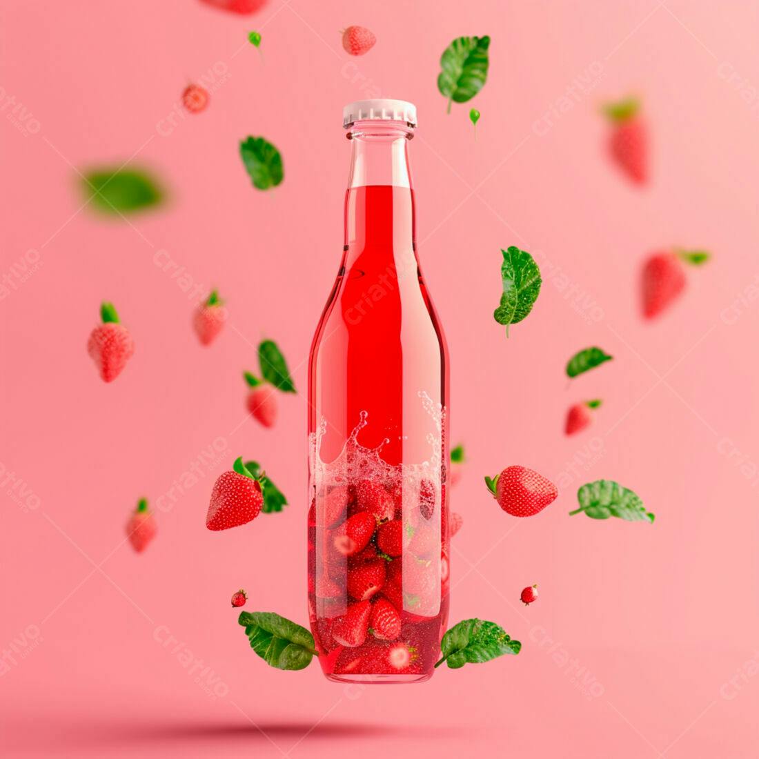 Garrafa de suco de morango em fundo rosa