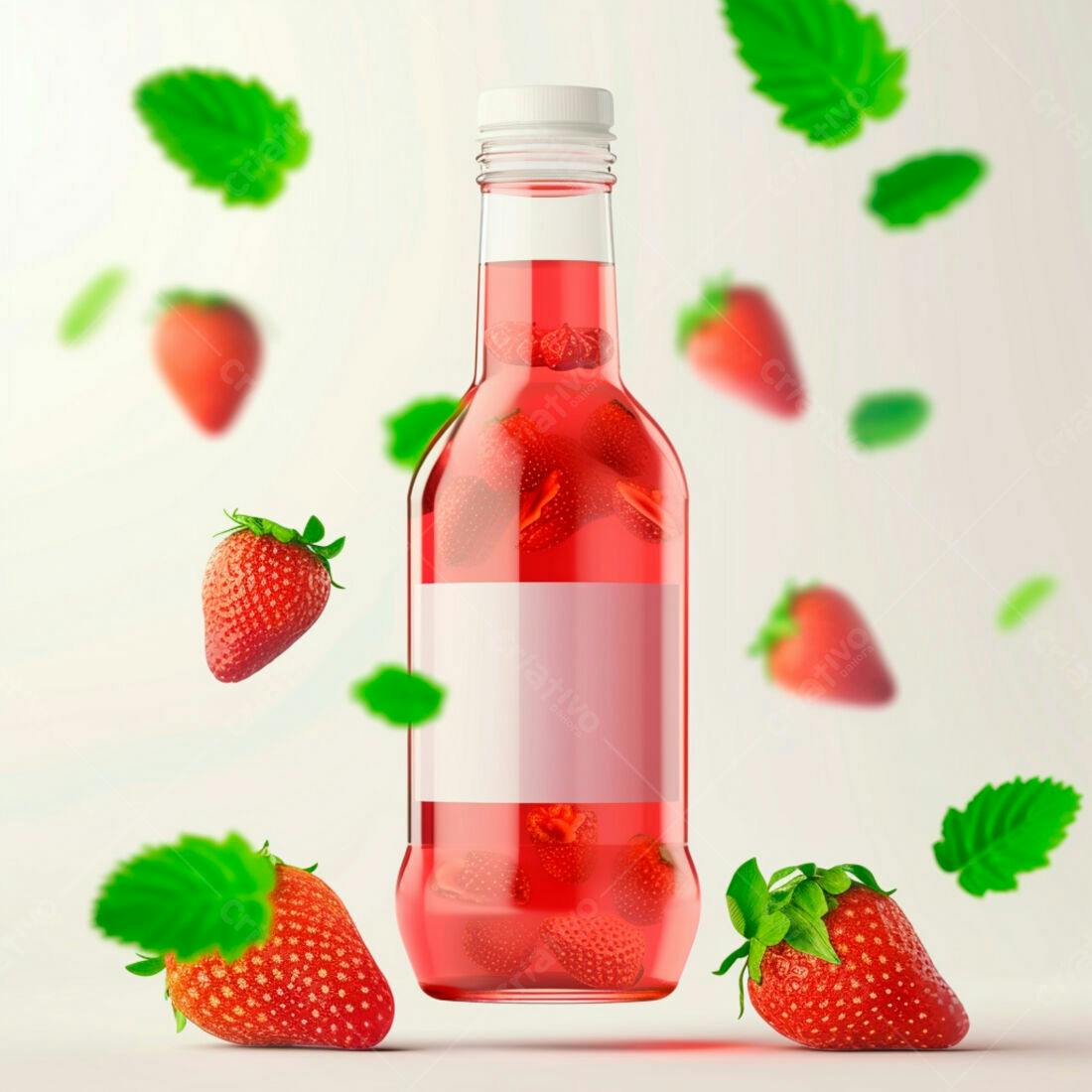 Garrafa de suco de morango com morangos flutuantes