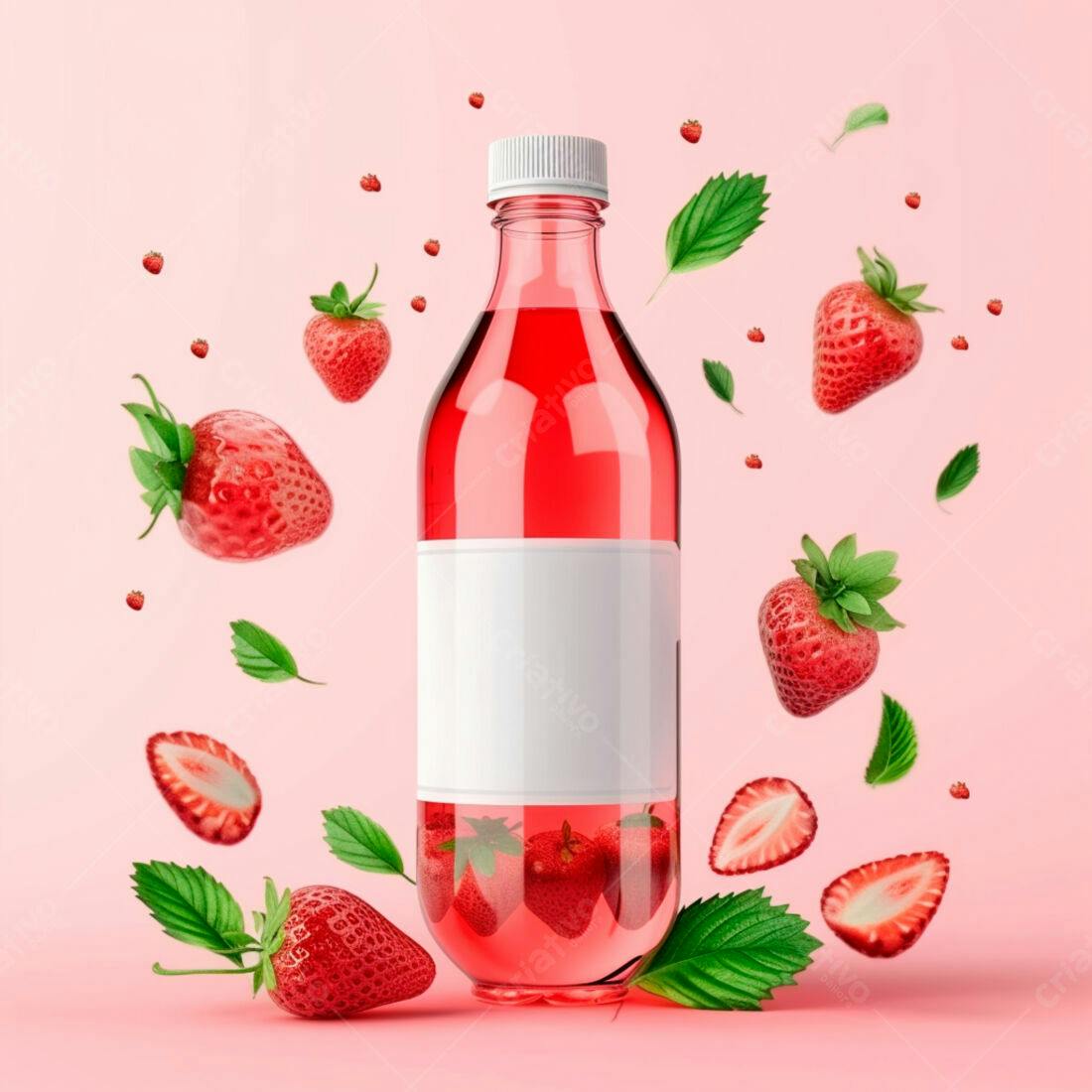 Suco de Morango em Garrafa com Frutas Flutuantes