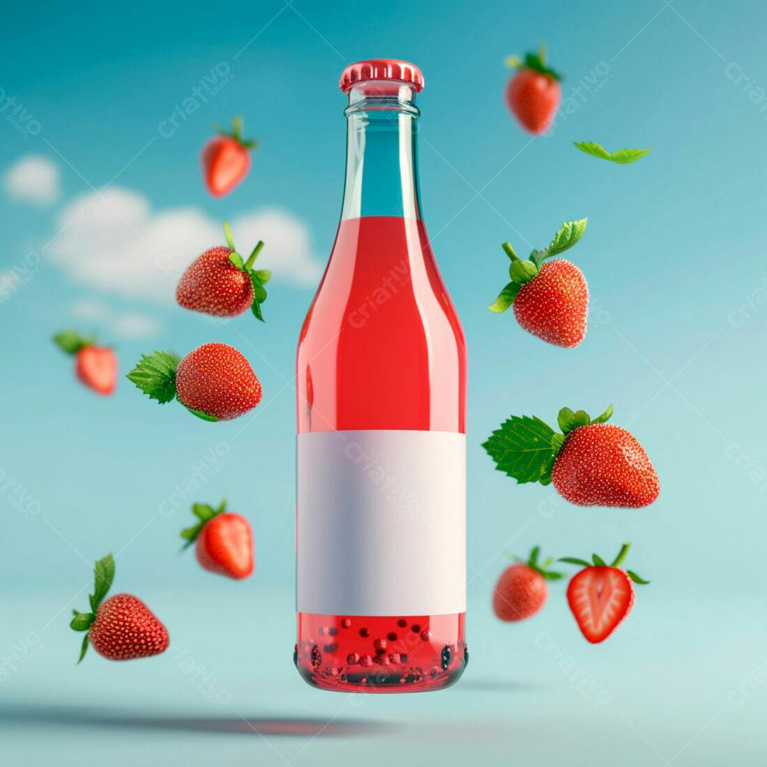 Garrafa de suco de morango com morangos flutuantes