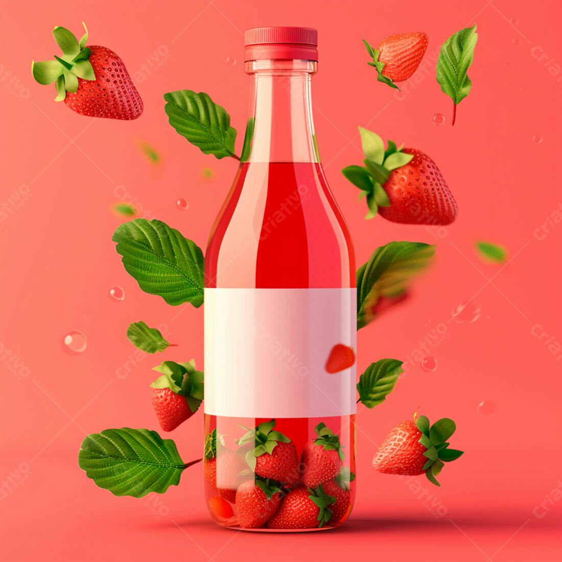 Garrafa de suco de morango com morangos flutuantes