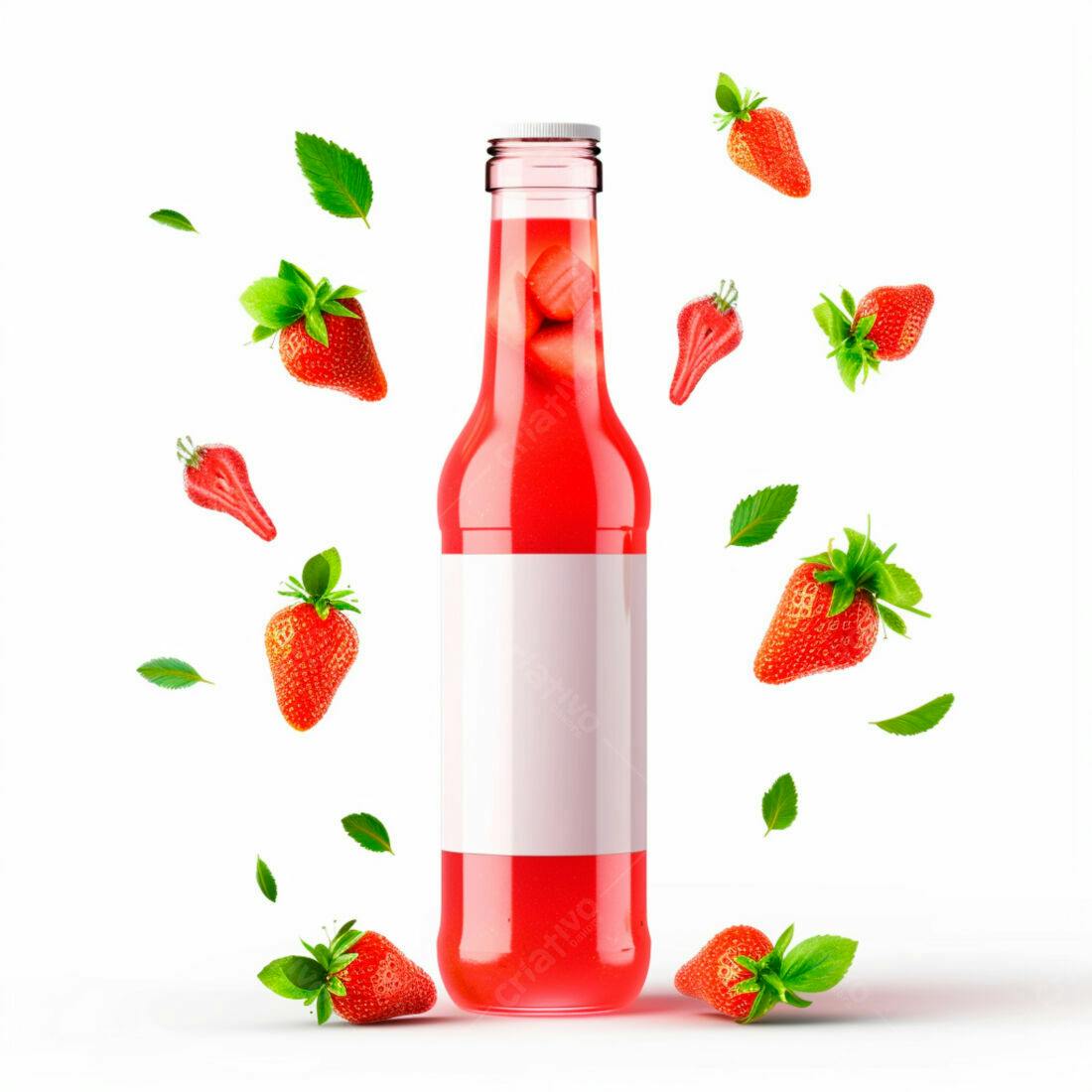 Suco de Morango em Garrafa com Morangos Flutuantes