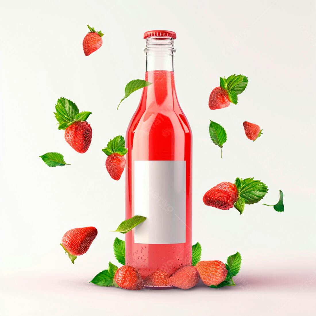 Garrafa de suco de morango com morangos flutuantes
