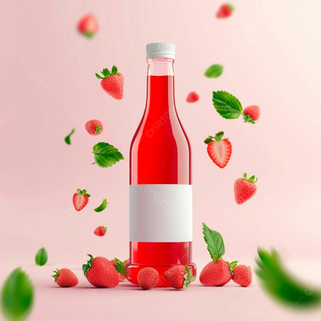 Suco de Morango em Garrafa com Morangos Flutuantes