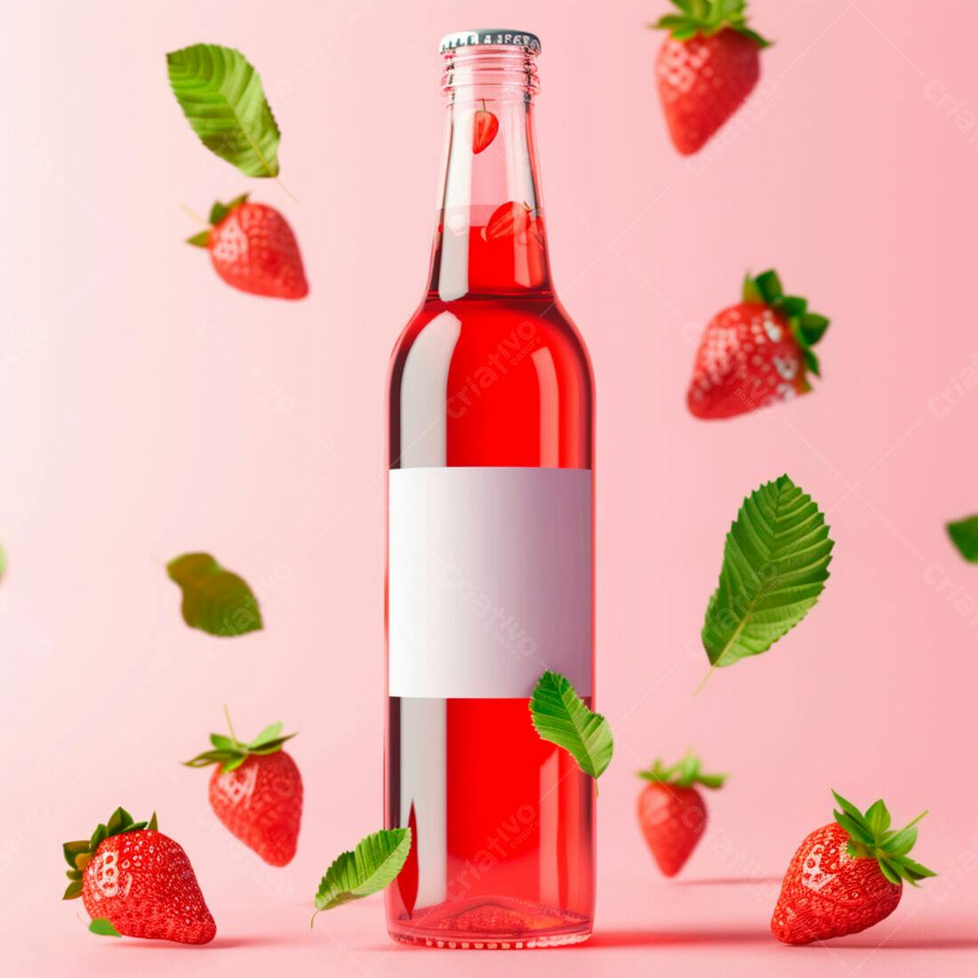 Garrafa de suco de morango com morangos flutuantes