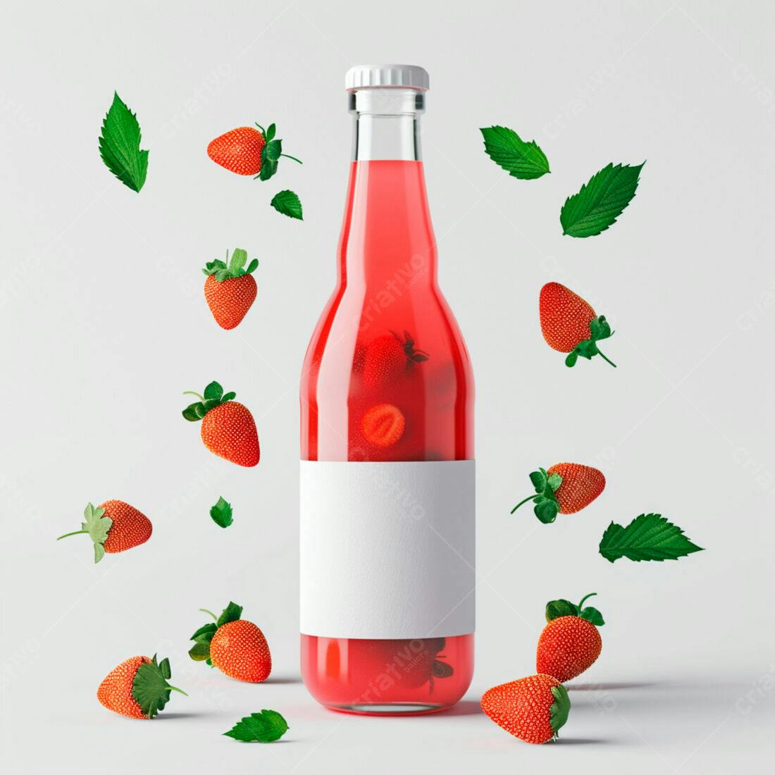 Garrafa de suco de morango com morangos flutuantes
