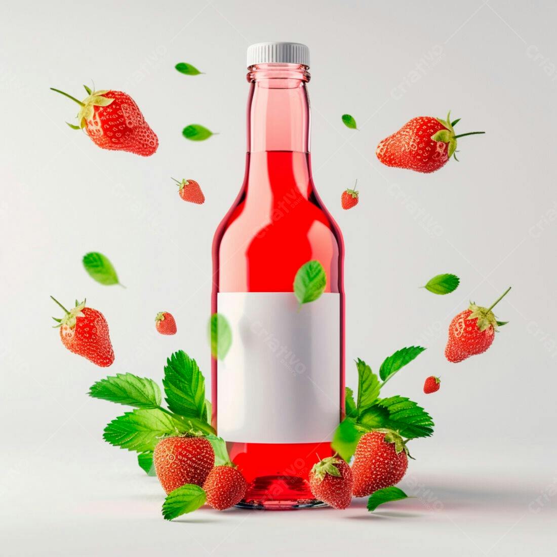 Garrafa de suco de morango com morangos ao redor