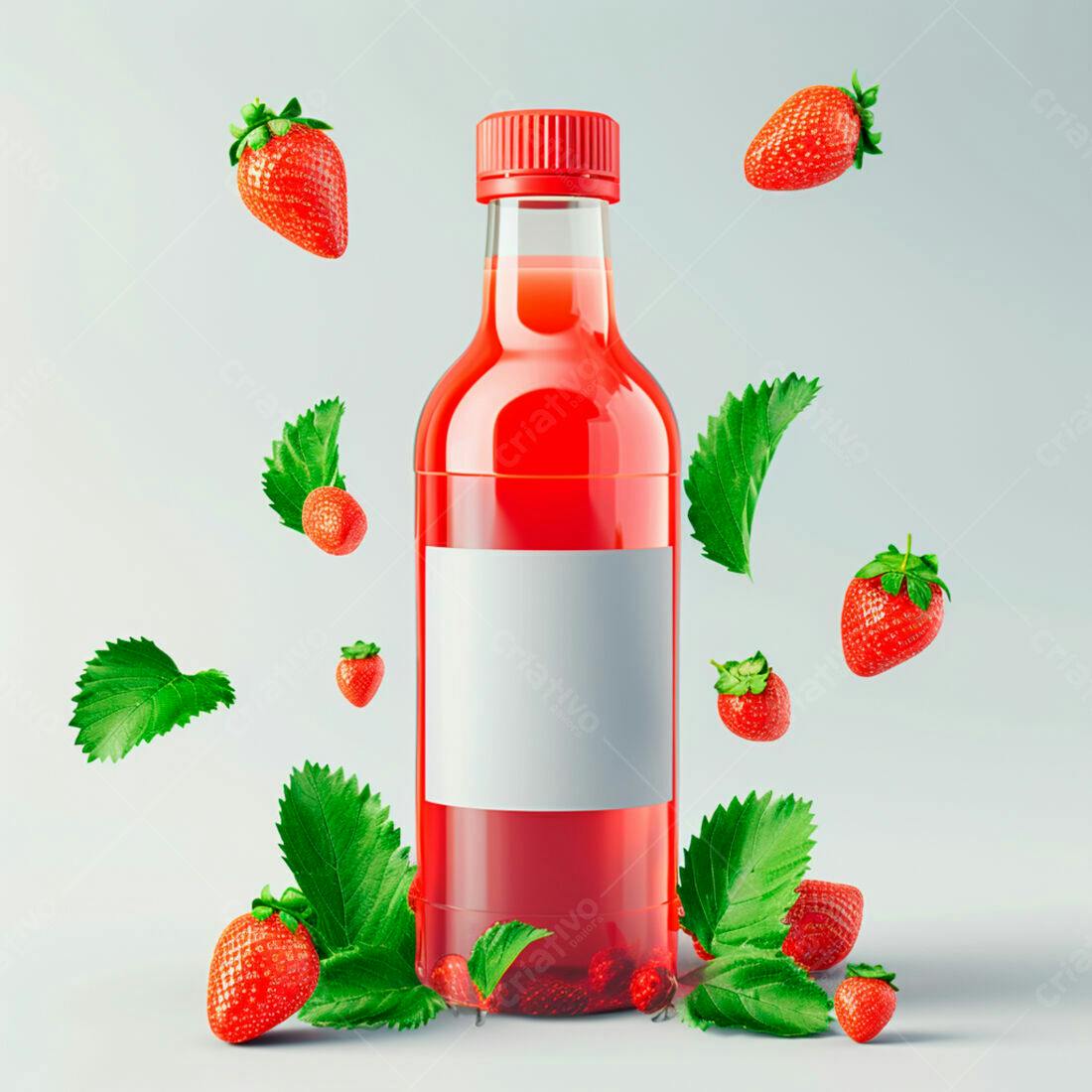 Suco de Morango em Garrafa com Morangos Flutuantes