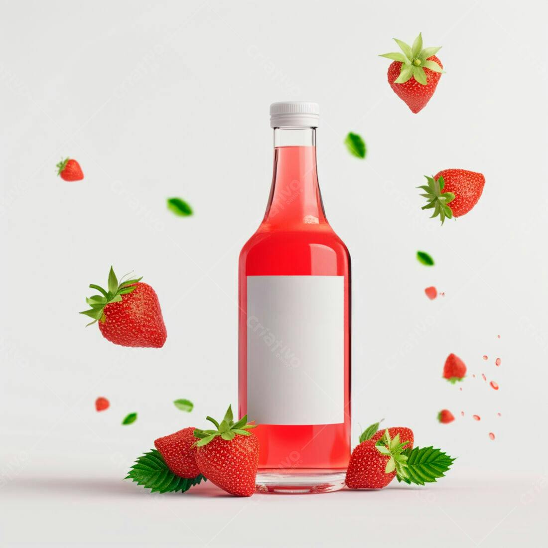 Suco de Morango em Garrafa com Morangos Flutuantes