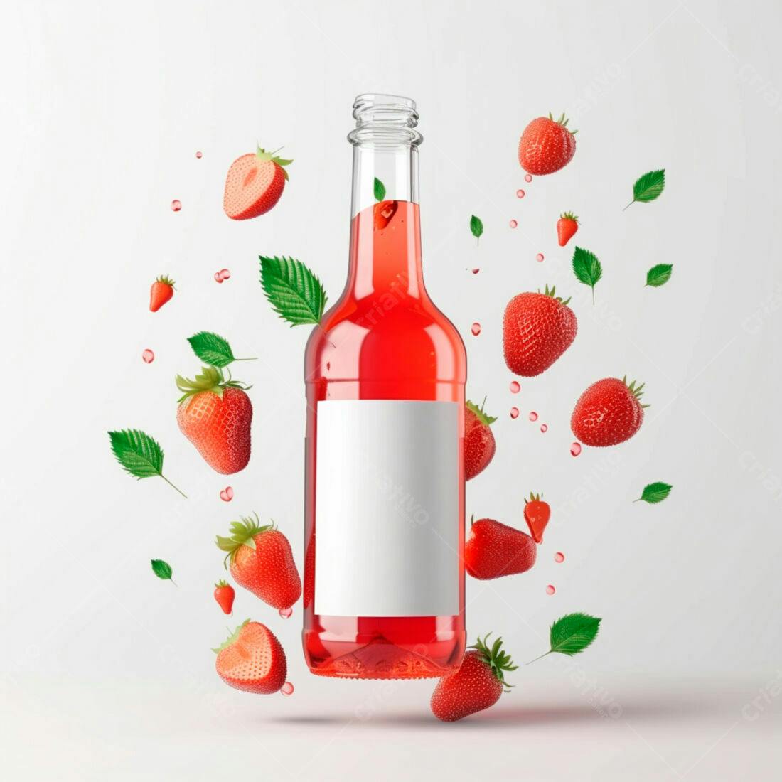 Garrafa de suco de morango com morangos flutuantes