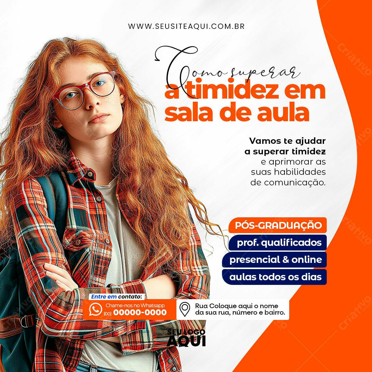 Flyer Pós-Graduação para Superar Timidez em Sala de Aula PSD Editável