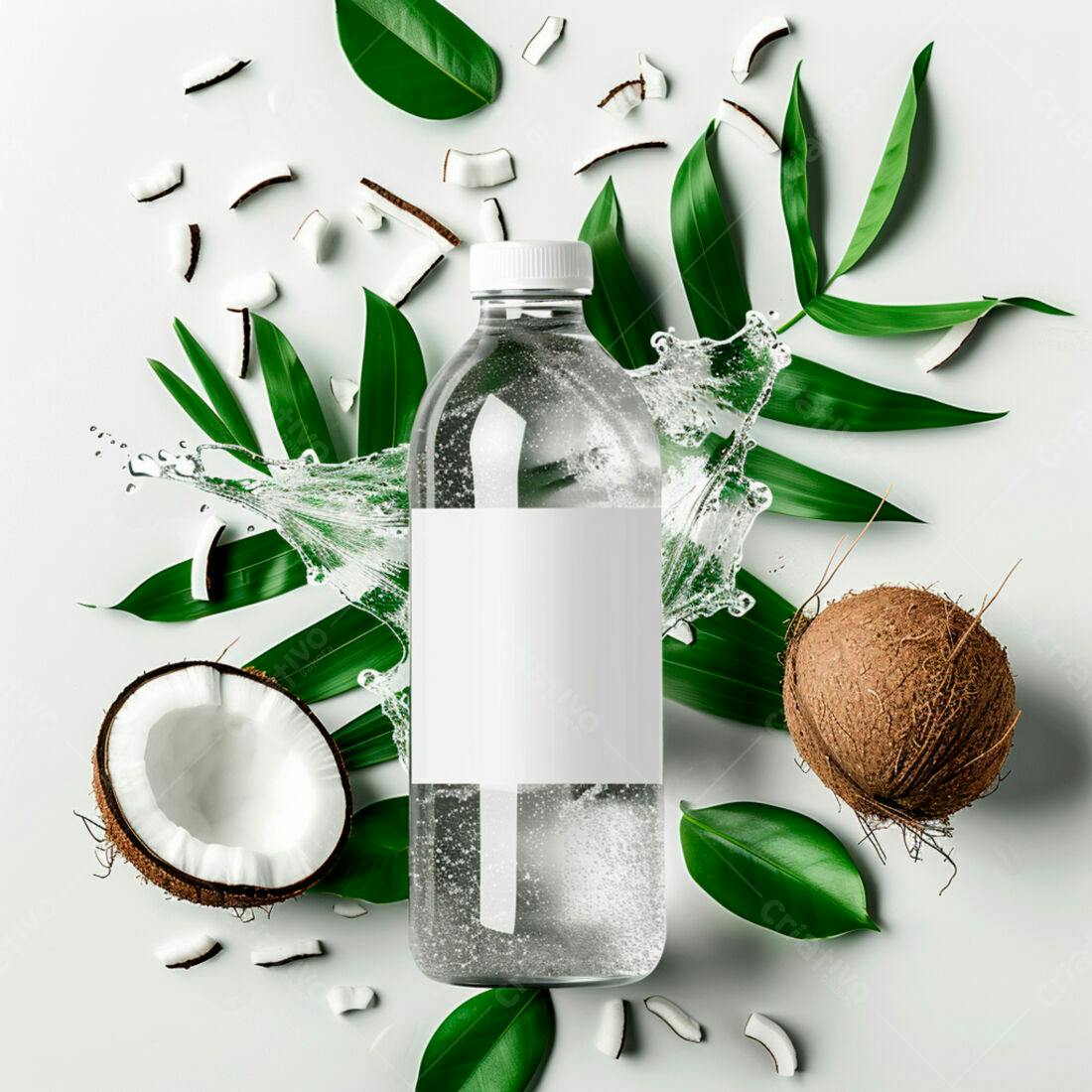 Garrafa de água de coco com folhas tropicais