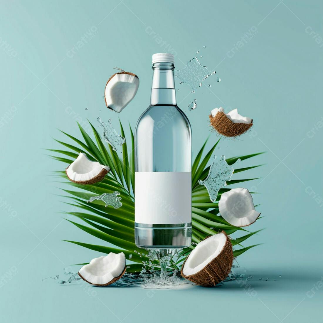 Garrafa de água de coco com folhas tropicais