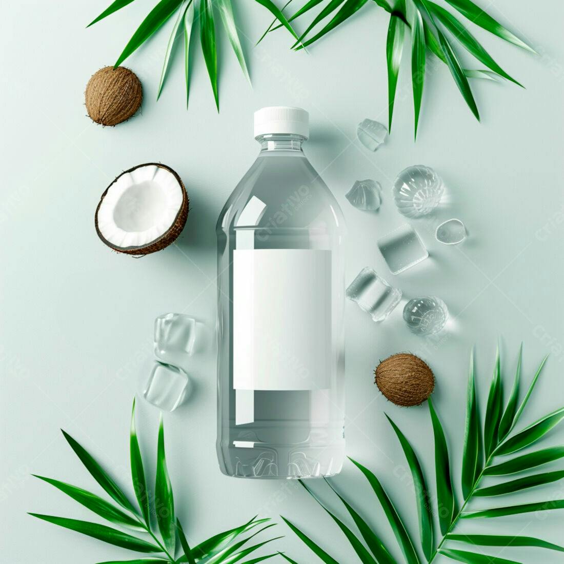 Garrafa de água com cocos e gelo fundo azul