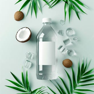 Garrafa de água de coco com coco e folhas de palmeiras ao redor 3