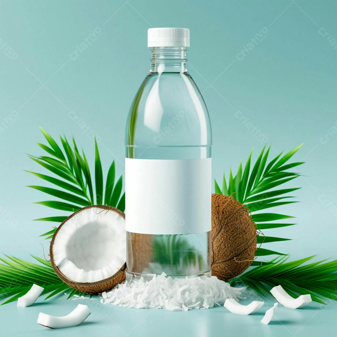 Garrafa de água de coco com coco e folhas