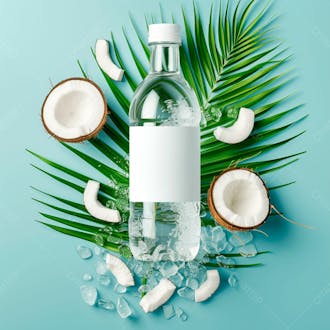 Garrafa de água de coco com coco e folhas de palmeiras ao redor 5