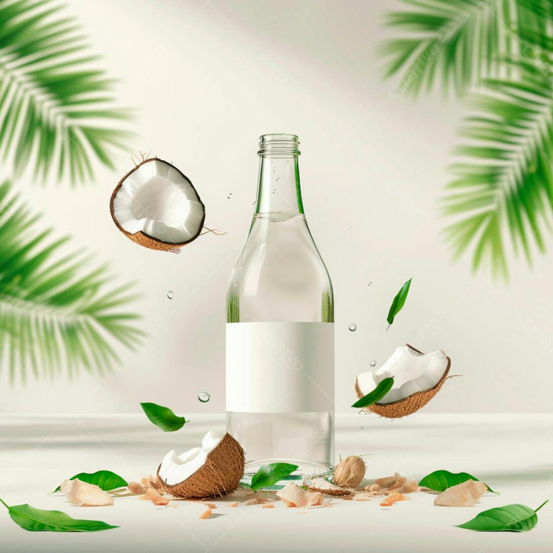 Garrafa de óleo de coco com cocos